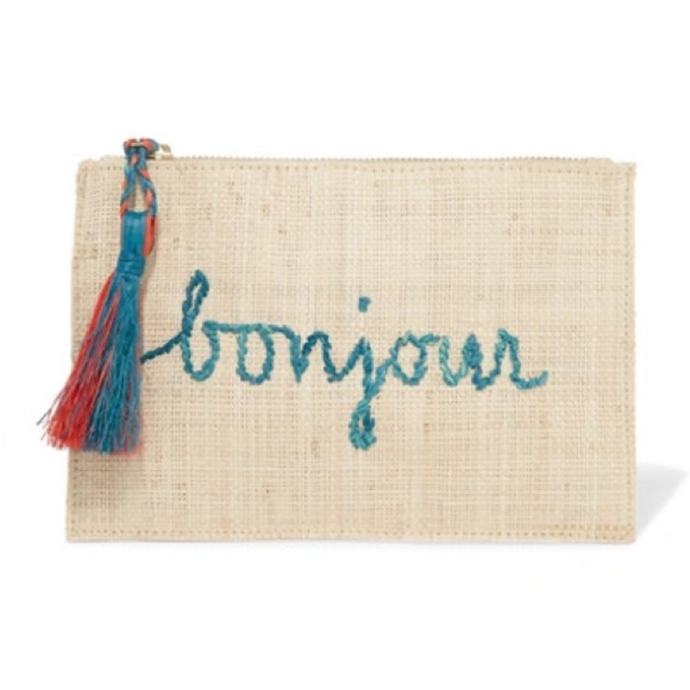 KAYU WOVEN STRAW POUCH CLUTCH BONJOUR AU REVOIR NEW WITH TAGS 🇫🇷🇫🇷🇫🇷🇫🇷